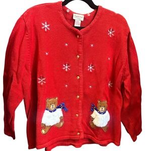 Womens Red Ugly Holiday Fuzzy Teddy Bear Snowman Snowflake Cardigan Sweater M